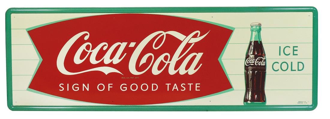 Coca-Cola Fishtail Sign, the Sign of Good Taste, pressed tin w/self-framed edge, stamped "Robertson: Coca-Cola Fishtail Sign, the Sign of Good Taste, pressed tin w/self-framed edge, stamped "Robertson -9-58", Exc+ cond w/exceptional gloss, noting some minor paint loss to frame edge 18"H x 53.5"W.