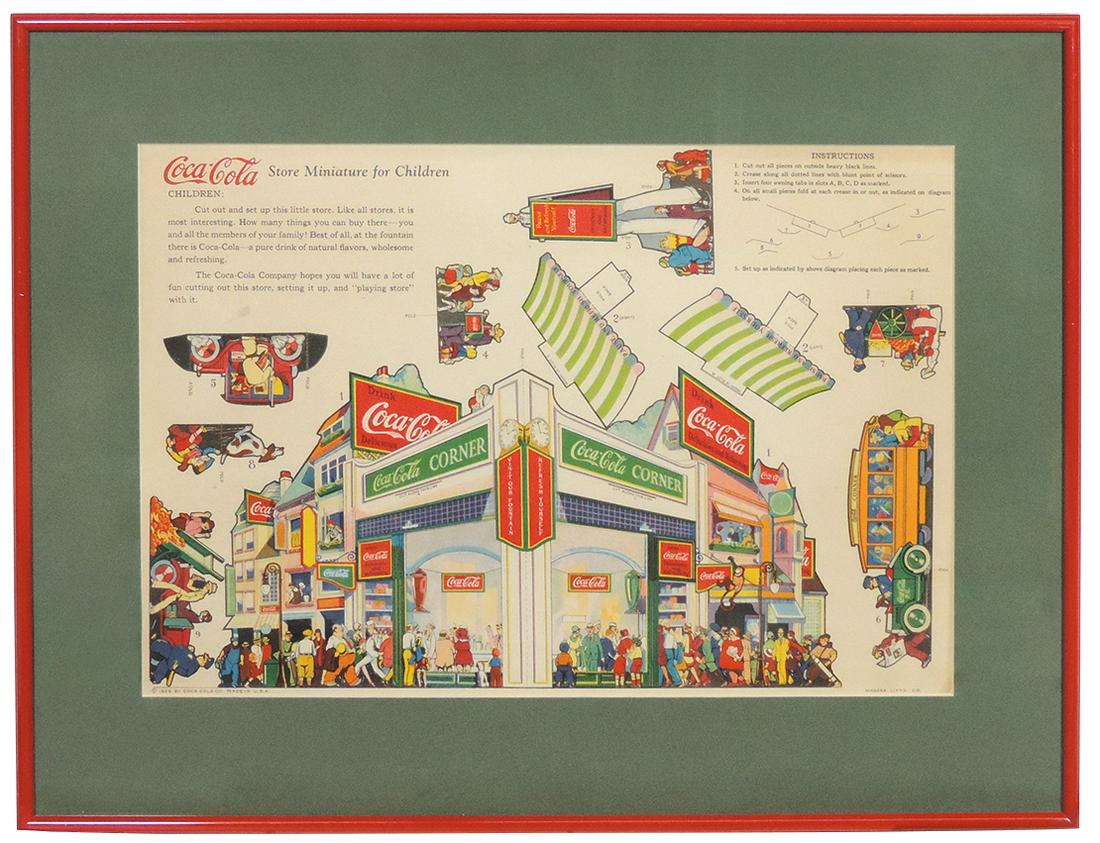Coca-Cola Store Miniature Cutout 1929, cdbd litho uncut sheet, VG+ cond w/light toning, framed &: Coca-Cola Store Miniature Cutout 1929, cdbd litho uncut sheet, VG+ cond w/light toning, framed & matted, 15"H x 19.75"W.