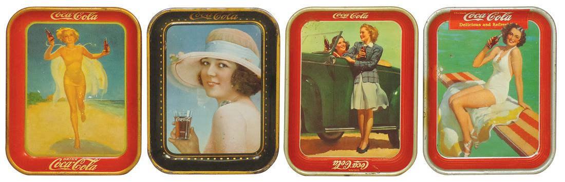 Coca-Cola Serving Trays (4), 1921 Summer Girl, 1937, 1939 & 1942, all Good+ to VG cond w/signs of: Coca-Cola Serving Trays (4), 1921 Summer Girl, 1937, 1939 & 1942, all Good+ to VG cond w/signs of wear, 13.25"H x 10.5"W.