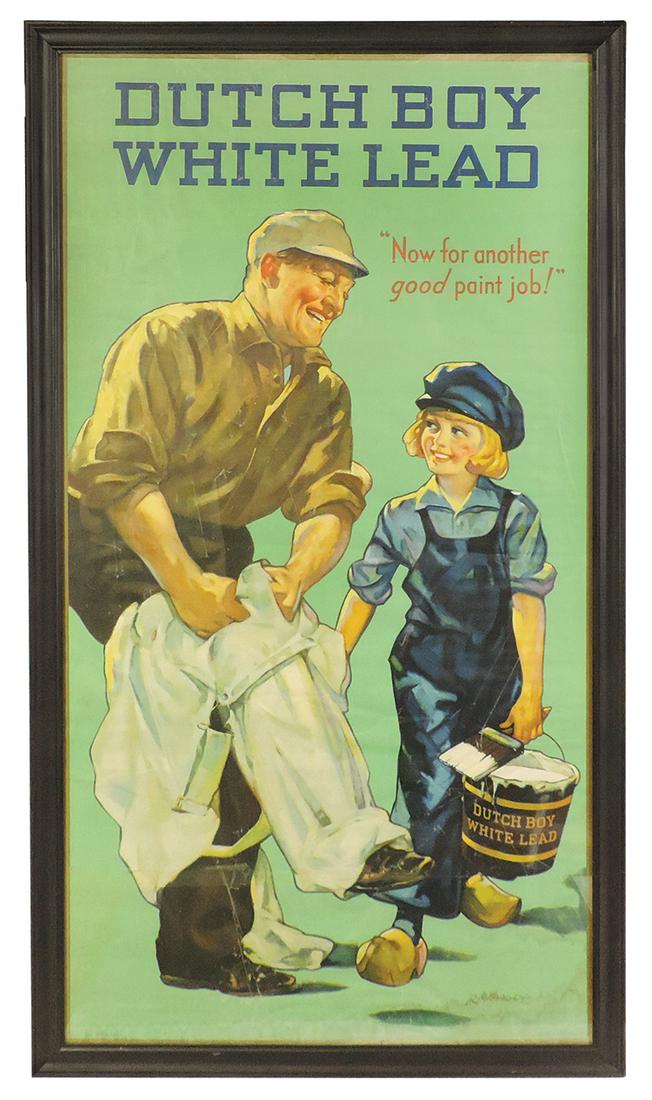 Paint Store Broadside, Dutch Boy White Lead, lithographed linen after the illustration by Rundel,: Paint Store Broadside, Dutch Boy White Lead, lithographed linen after the illustration by Rundel, 1932, VG+ cond w/some water stains bottom edge & scattered wear, later framed, 53.5"H x 29.5"W.