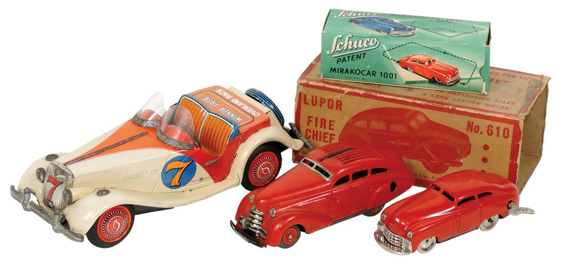 Toy Automobiles (3), Schuco Mirakocar 1001 w/box, Exc working cond w/key, Schuco Magico-Auto 2008,: Toy Automobiles (3), Schuco Mirakocar 1001 w/box, Exc working cond w/key, Schuco Magico-Auto 2008, VG working cond & Winner 1956 Overland Race car, Made in Japan, Exc cond, 3.5" to 8"L & partial box f