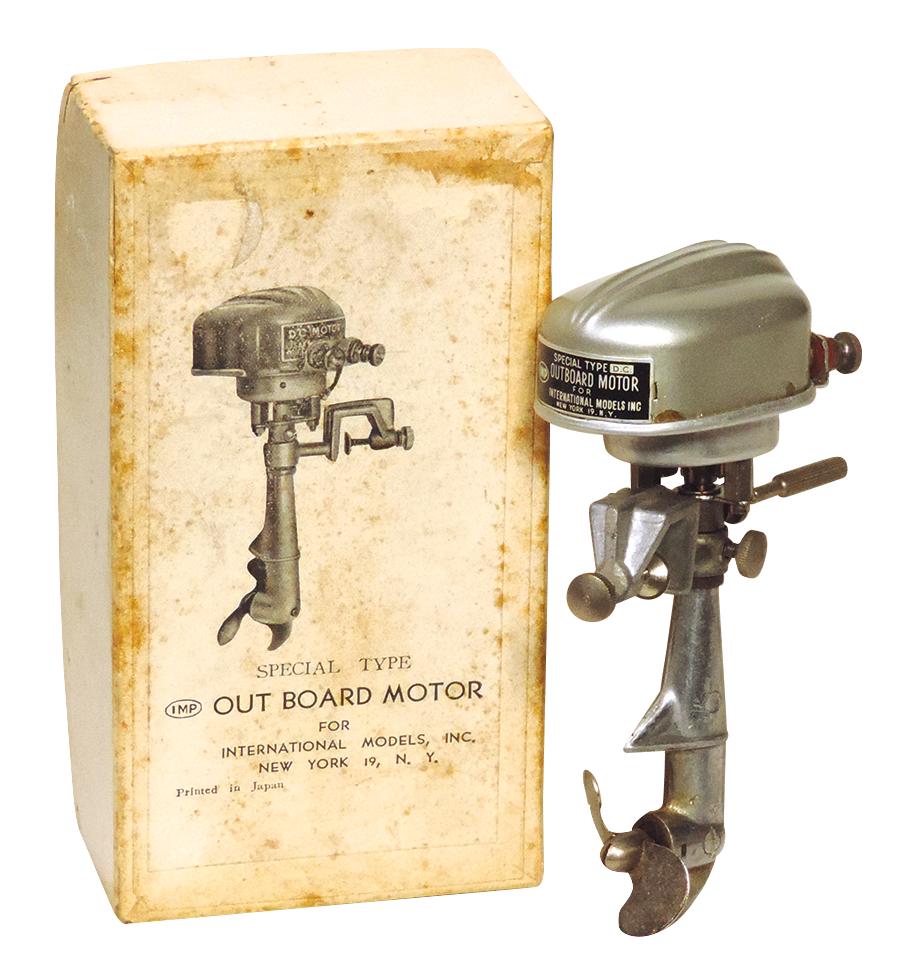 Toy Outboard Motor, I.M.P. special type, battery-operated, cast & pressed metal, mfgd in Occupied: Toy Outboard Motor, I.M.P. special type, battery-operated, cast & pressed metal, mfgd in Occupied Japan for International Models Inc., Exc cond, (untested) in orig box w/instructions for I.M.P. models