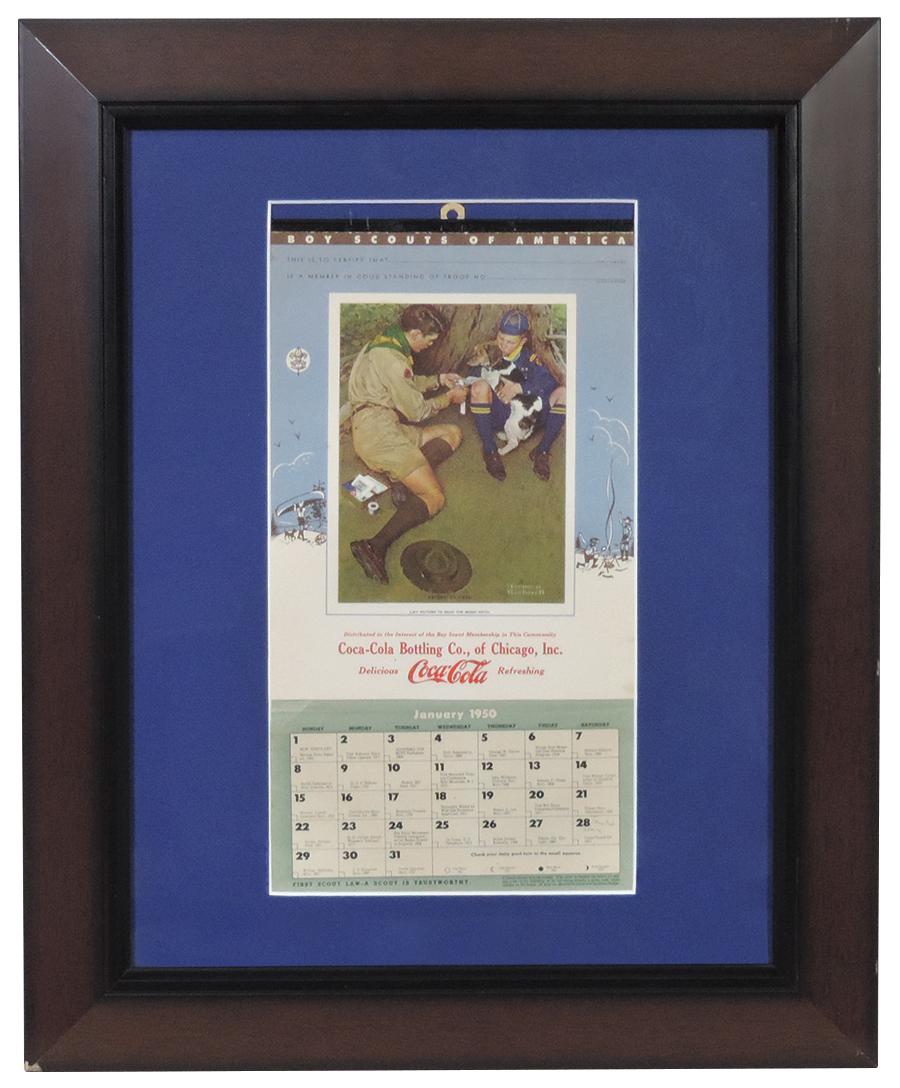 Coca-Cola Bottling Co. Calendar 1948, Chicago, IL Friend in Need Boy Scout Scene by Norman Rockwell,: Coca-Cola Bottling Co. Calendar 1948, Chicago, IL Friend in Need Boy Scout Scene by Norman Rockwell, VG+ cond w/1950 calendar sheet, framed & matted, 22"H x 18"W.