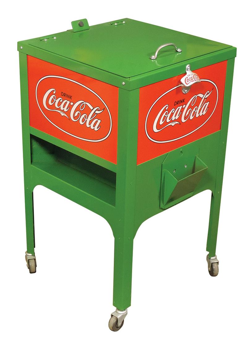 Coca-Cola Ice Cooler, antique style, on castors w/logo on 4 panels, opener & cap bin, Exc cond, 30"H: Coca-Cola Ice Cooler, antique style, on castors w/logo on 4 panels, opener & cap bin, Exc cond, 30"H x 18"Sq.