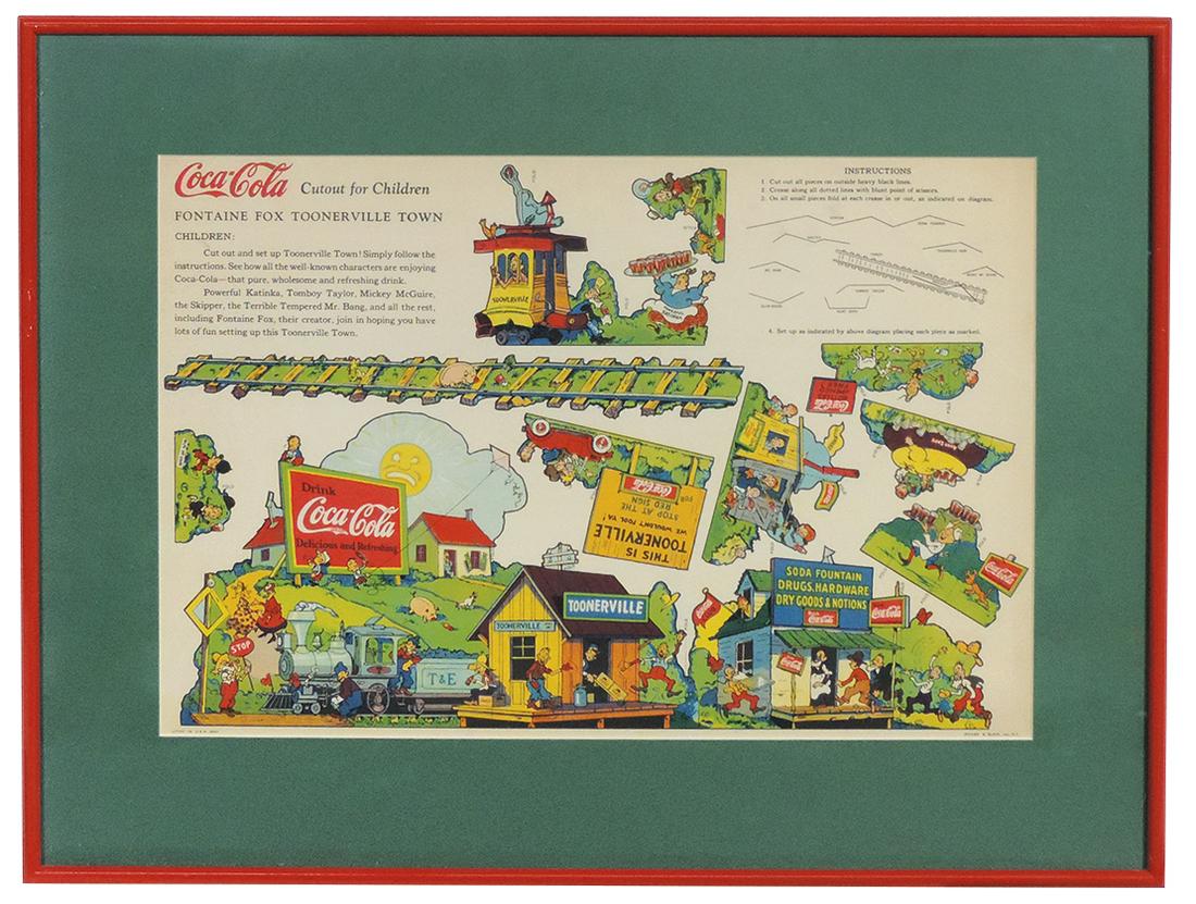 Coca-Cola Toonerville Town Cutout 1932, cdbd litho uncut sheets Exc cond, framed & matted, 15"H x: Coca-Cola Toonerville Town Cutout 1932, cdbd litho uncut sheets Exc cond, framed & matted, 15"H x 19.75"W.