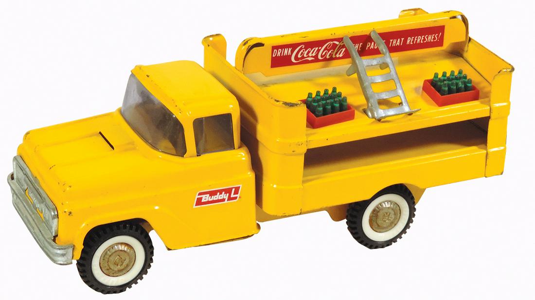 Coca-Cola Toy Bottlers Truck, Buddy L pressed steel w/hand cart & 2 bottle cases, VG+ cond, 14.5"L.: Coca-Cola Toy Bottlers Truck, Buddy L pressed steel w/hand cart & 2 bottle cases, VG+ cond, 14.5"L.