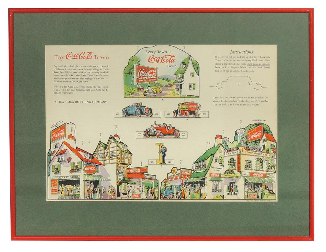 Coca-Cola Toy Town Cutout 1927, cdbd litho uncut sheet, Exc cond, framed & matted, 15"H x 19.75"W.: Coca-Cola Toy Town Cutout 1927, cdbd litho uncut sheet, Exc cond, framed & matted, 15"H x 19.75"W.