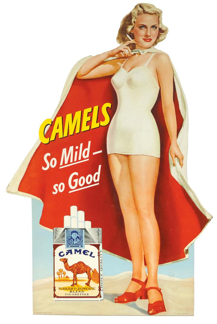 Tobacciana Sign, Camel Cigarettes diecut cdbd standup w/beautiful blond in swimsuit, marked R. J.: Tobacciana Sign, Camel Cigarettes diecut cdbd standup w/beautiful blond in swimsuit, marked R. J. Reynolds Tobacco Co.-1950, VG+ cond w/minor edge wear & soft neck crease, 30"H x 20"W.