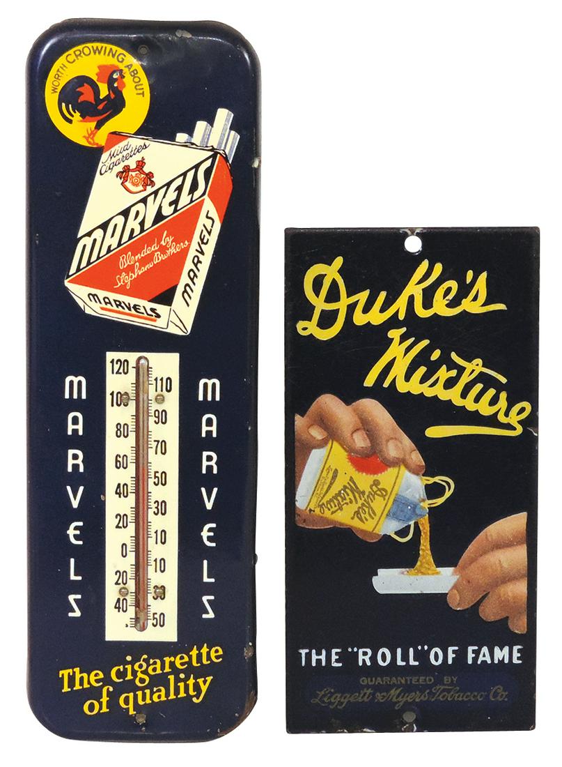 Tobacciana Signs (2), Duke's Mixture single sided porcelain door push w/product & a Marvels: Tobacciana Signs (2), Duke's Mixture single sided porcelain door push w/product & a Marvels cigarettes thermometer w/product package, both VG+ cond w/minor losses, larger 12"H.