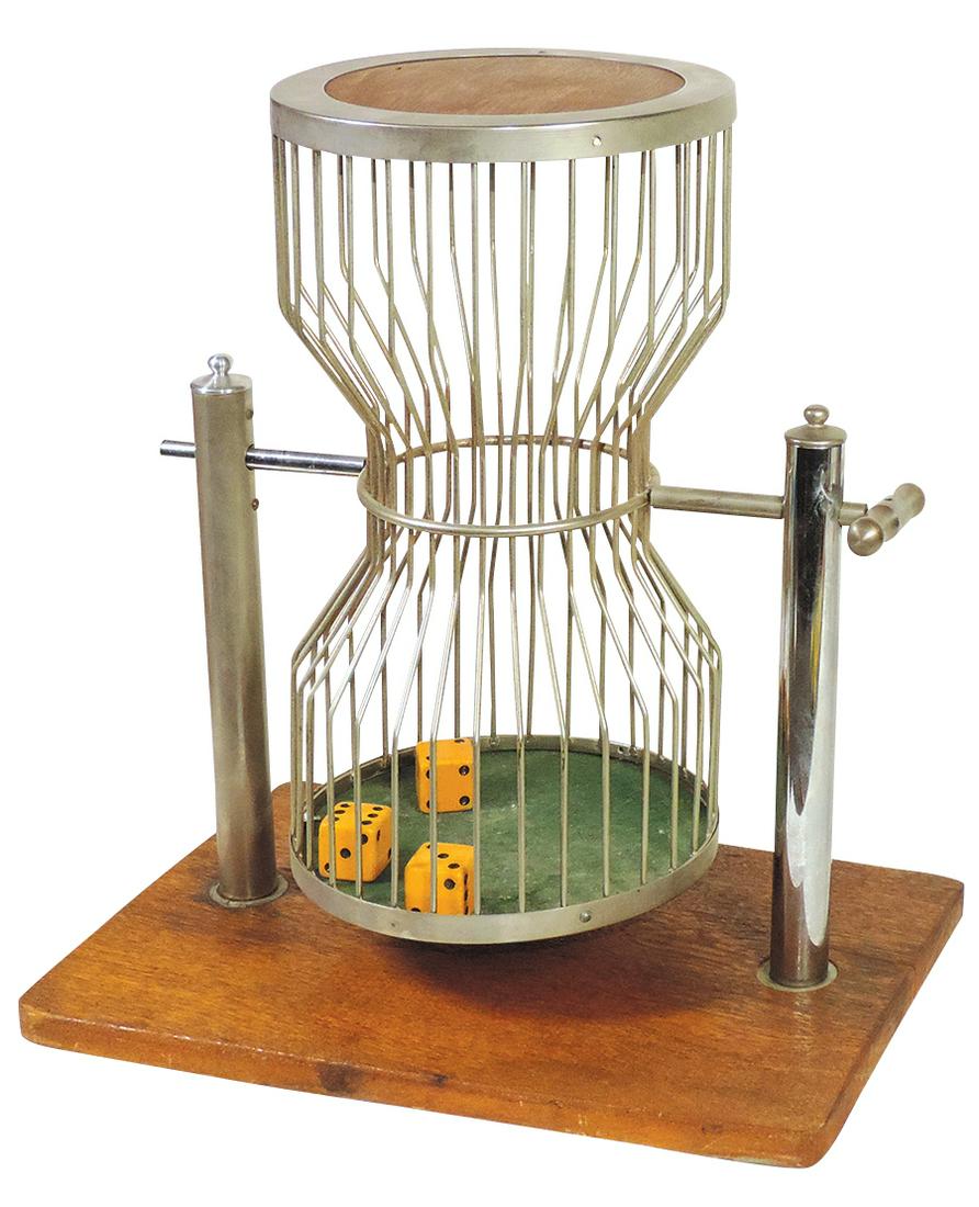 Gambling, Chuck-A-Luck Cage, 3-Dice Game, bet on totals, c.1950's, Good orig playing cond, 18"H x: Gambling, Chuck-A-Luck Cage, 3-Dice Game, bet on totals, c.1950's, Good orig playing cond, 18"H x 17.5"W x 11.5"D.