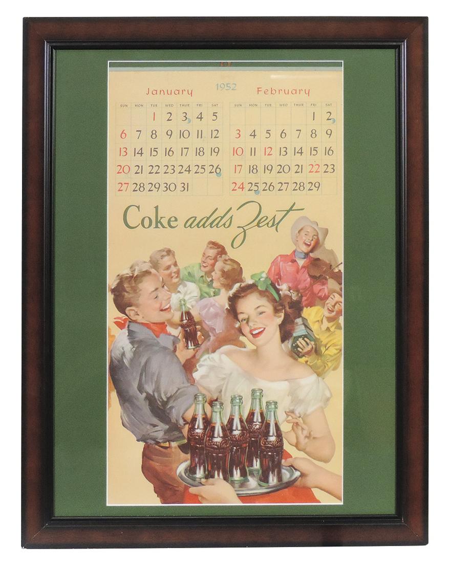 Coca-Cola Calendar 1952, 6 sheets w/2 months per sheet, framed & matted, Mint cond, 27"H x 21"W.: Coca-Cola Calendar 1952, 6 sheets w/2 months per sheet, framed & matted, Mint cond, 27"H x 21"W.