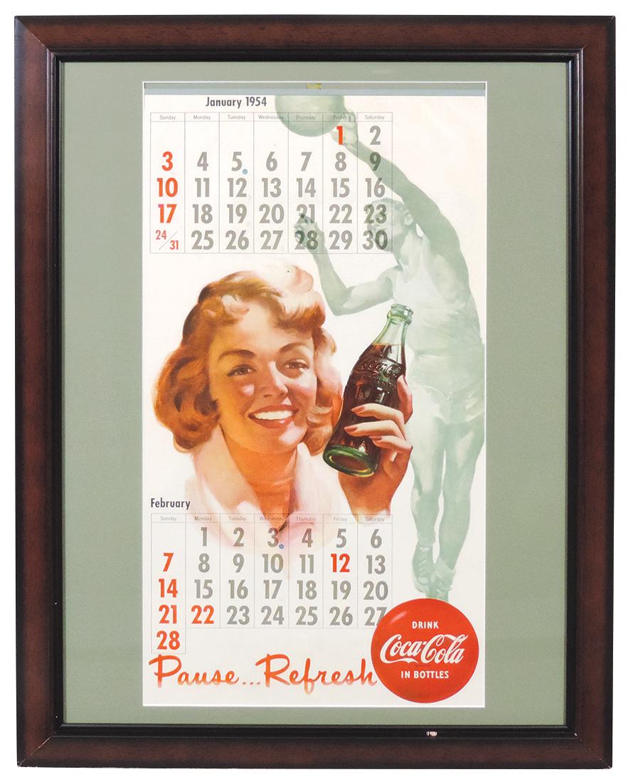 Coca-Cola Calendar 1954, 6 sheets w/2 months per sheet, framed & matted, Mint cond, 27"H x 21"W.: Coca-Cola Calendar 1954, 6 sheets w/2 months per sheet, framed & matted, Mint cond, 27"H x 21"W.