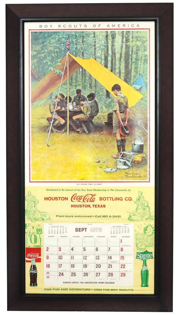 Coca-Cola Calendar 1973, Houston, TX, Bottling Co., We Thank Thee, O Lord Boy Scout scene by Norman: Coca-Cola Calendar 1973, Houston, TX, Bottling Co., We Thank Thee, O Lord Boy Scout scene by Norman Rockwell, large format, Exc cond w/partial pad & some soft roll lines, framed 37.5"H x 20.25"W.