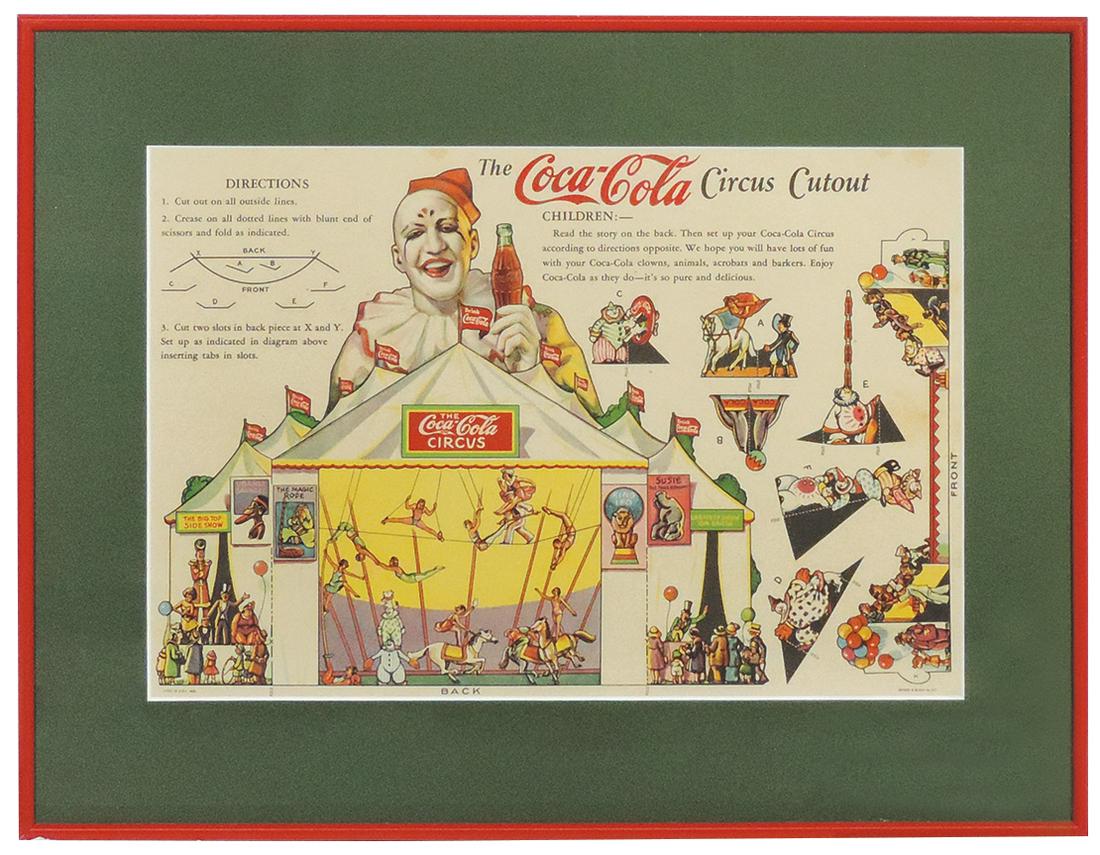Coca-Cola Circus Cutout 1932, cdbd litho uncut sheet, Exc cond, framed & matted w/verso glazed, 15"H: Coca-Cola Circus Cutout 1932, cdbd litho uncut sheet, Exc cond, framed & matted w/verso glazed, 15"H x 19.75"W.