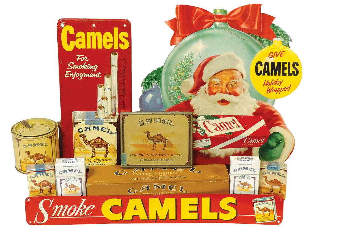 Tobacciana (8), Camel Cigarettes litho on tin sign, embossed thermometer (Good+ cond), diecut Santa: Tobacciana (8), Camel Cigarettes litho on tin sign, embossed thermometer (Good+ cond), diecut Santa (Good cond w/crease), full carton of unopened packs, flat tin, round tin & 2 unopened Ultra Light pa