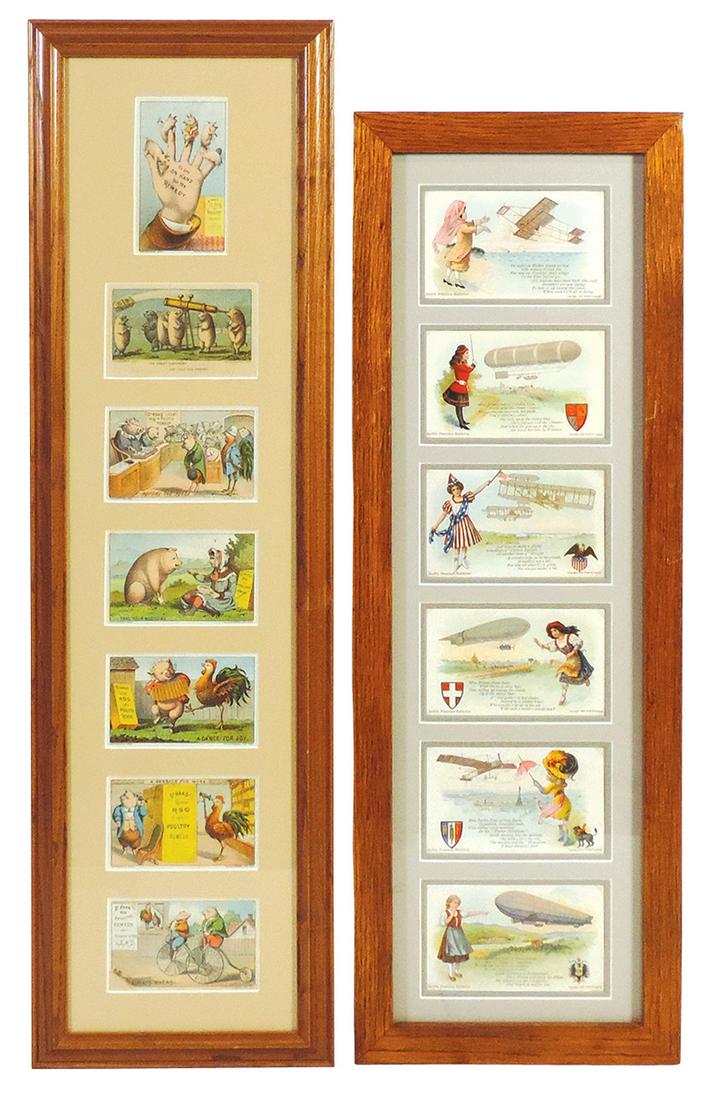 Postcard & Trade Card Displays (2), 6 postcard series for Swift's Premium Butterine, 1910 w/various: Postcard & Trade Card Displays (2), 6 postcard series for Swift's Premium Butterine, 1910 w/various airships & 7 trade card series for Dr. Hass Poultry Remedy, Exc to Near Mint cond, both framed w/mat
