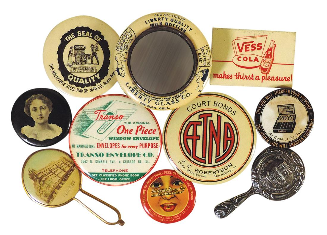 Pocket Mirrors (10), Vess Cola, Andy Gump, Nature's Remedy, Malleable Range, Princess novelty &: Pocket Mirrors (10), Vess Cola, Andy Gump, Nature's Remedy, Malleable Range, Princess novelty & others, most celluloid, VG to Exc cond, largest 3.5"Dia.