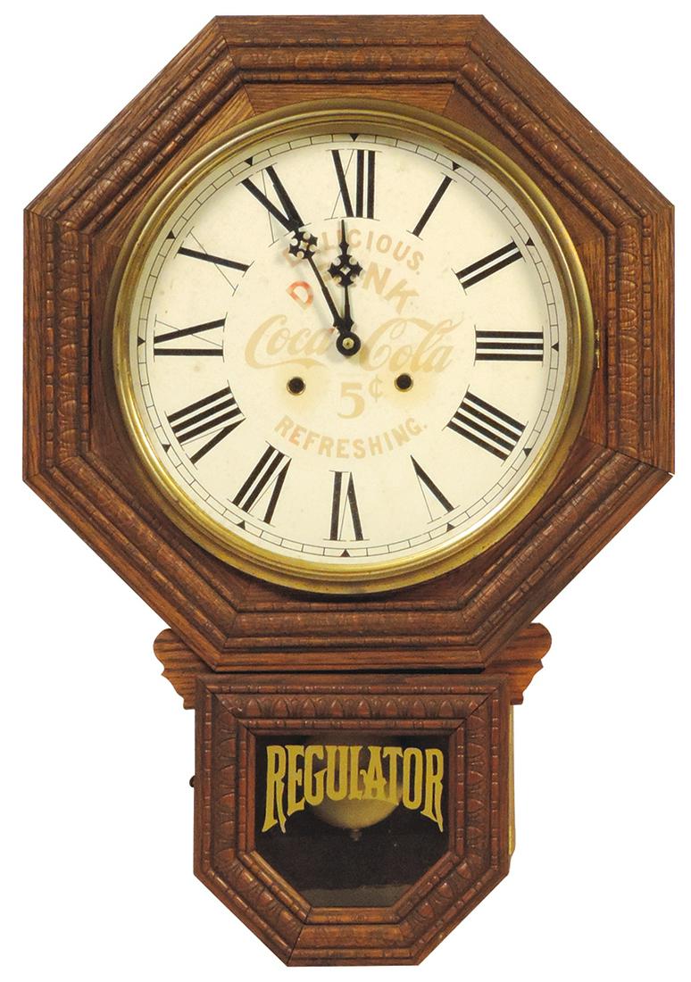 Coca-Cola Regulator Clock, oak octagonal case w/paper dial, 8-day movement & chimes, semi-modern,: Coca-Cola Regulator Clock, oak octagonal case w/paper dial, 8-day movement & chimes, semi-modern, Exc working cond, 24"H x 17"W.