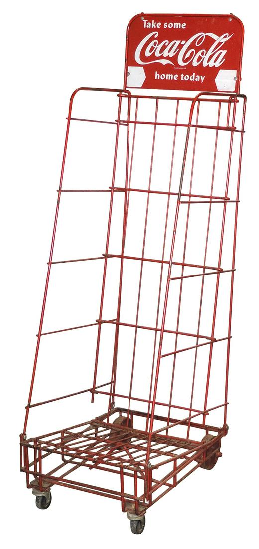Coca-Cola Wire Display Stand, Take Some Home Today, double-sided marquee for displaying 6 packs, on: Coca-Cola Wire Display Stand, Take Some Home Today, double-sided marquee for displaying 6 packs, on wheels, VG cond w/normal wear, 51.5"H x 15"W x 21"D.