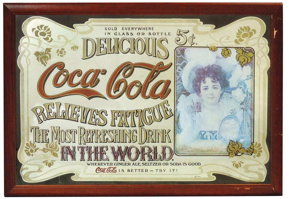 Coca-Cola, nostalgic mirror, reverse painted glass w/1901 style calendar girl litho, semi-modern in: Coca-Cola, nostalgic mirror, reverse painted glass w/1901 style calendar girl litho, semi-modern in Good+ cond w/some minor stains & lifting at bottom, 27"H x 39"W.