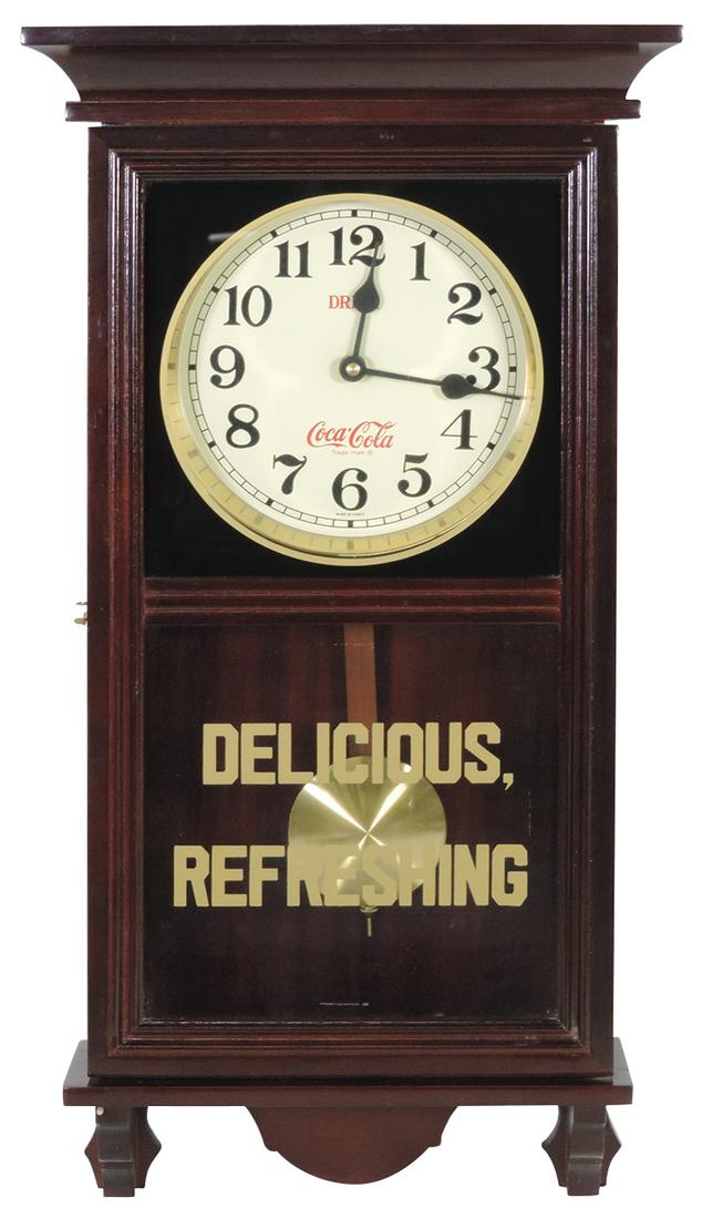 Coca-Cola Clock, regulator style w/quartz movement, contemporary, Exc working cond, 26"H x 13.5"W.: Coca-Cola Clock, regulator style w/quartz movement, contemporary, Exc working cond, 26"H x 13.5"W.
