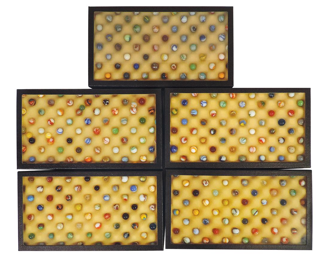 Marble Displays (in 5 Riker Mounts), agates, slags, some corkscrews, few popeyes & limeades, by Akro: Marble Displays (in 5 Riker Mounts), agates, slags, some corkscrews, few popeyes & limeades, by Akro & other makers, approx 270 indiv marbles, most Exc cond, 14.5"H x 8"W.