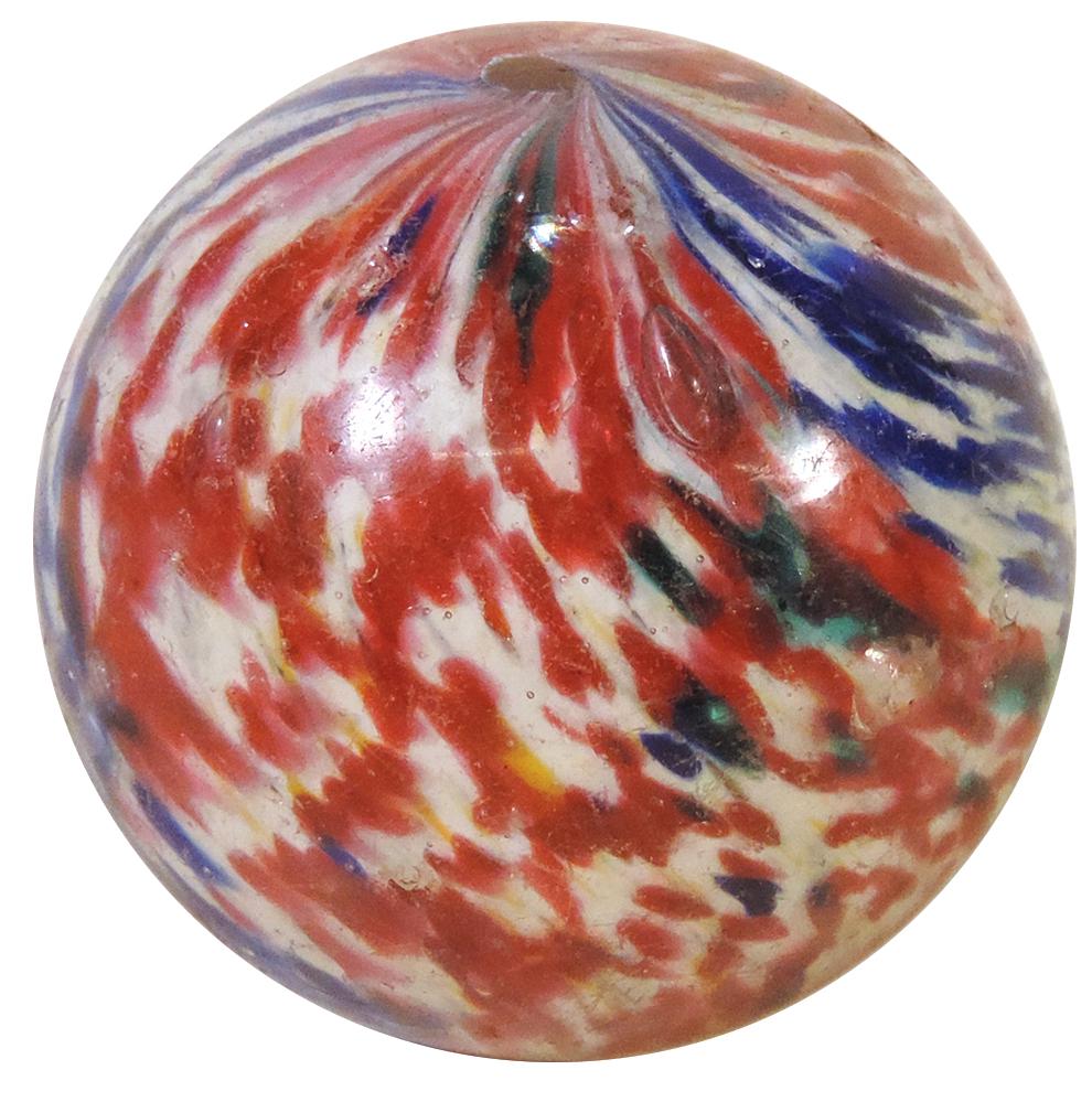 Marble, End of Day Glass Onionskin, multicolored red/white/blue swirl w/2 pontils, VG cond w/small: Marble, End of Day Glass Onionskin, multicolored red/white/blue swirl w/2 pontils, VG cond w/small bruise & couple light nicks, 2.25"Dia.