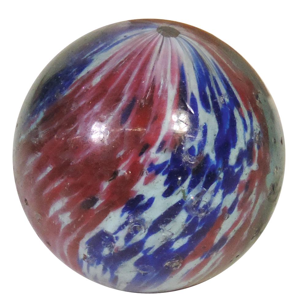 Marble, End of Day Onionskin, red, white & blue mottle w/2 pontils, VG cond w/scattered nicks &: Marble, End of Day Onionskin, red, white & blue mottle w/2 pontils, VG cond w/scattered nicks & signs of some repolish, 2,25"Dia.