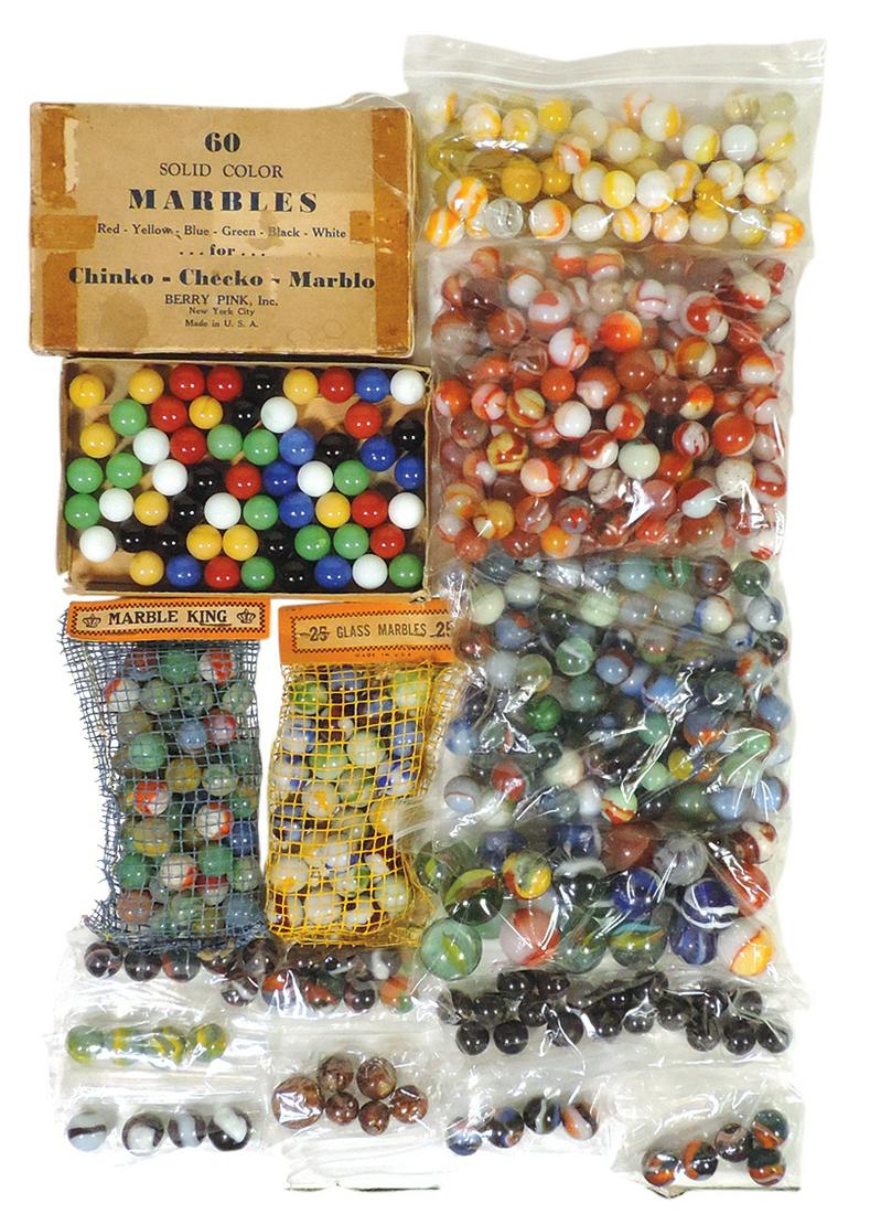 Marbles (14), large variety of well over 250 glass marbles, pre-sorted in 14 packs incl agates &: Marbles (14), large variety of well over 250 glass marbles, pre-sorted in 14 packs incl agates & cork screws, (2) Marble King (unopened) & Berry Pink box, most Exc cond, largest 4"H x 6"W.