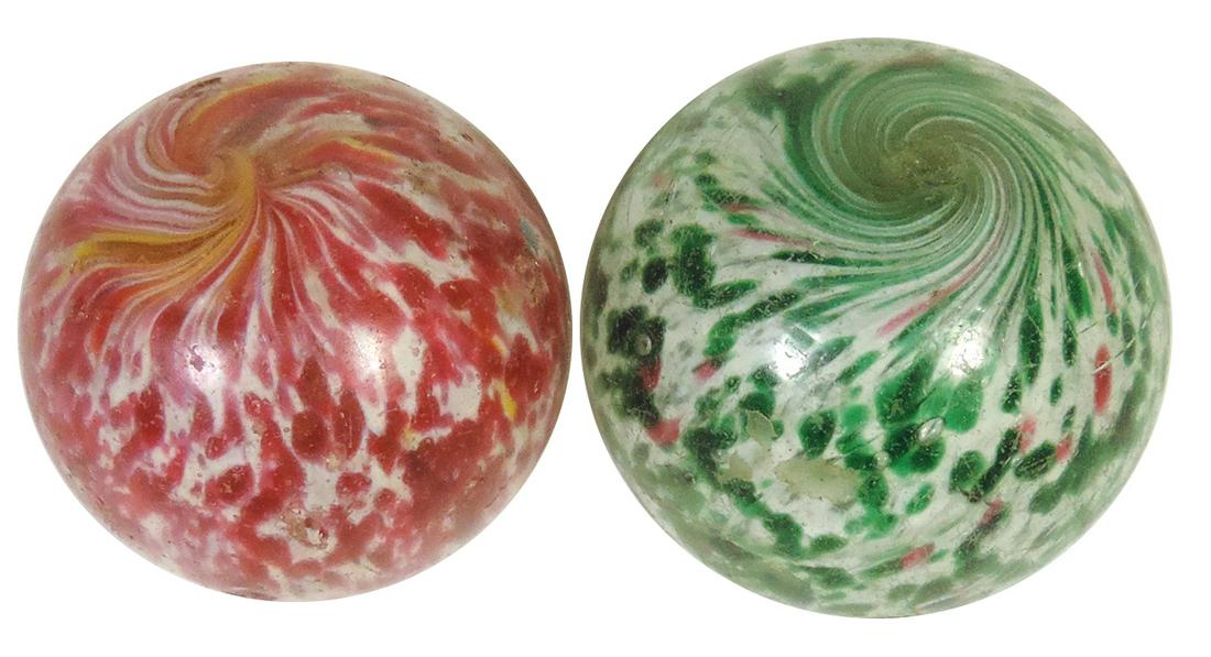 Marbles (2), End of Day Onionskins in mottled green/white (VG+ cond) & rose/white (VG cond w/some: Marbles (2), End of Day Onionskins in mottled green/white (VG+ cond) & rose/white (VG cond w/some light repolish), larger 2"Dia.