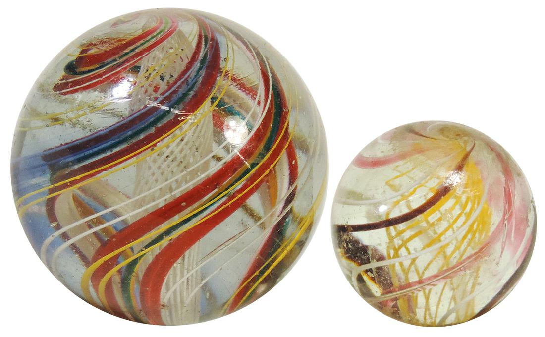 Marbles (2), transparent swirl glass w/Latticino cores, smaller w/some wear, larger Exc+ cond, 1.25": Marbles (2), transparent swirl glass w/Latticino cores, smaller w/some wear, larger Exc+ cond, 1.25" & 2"Dia.