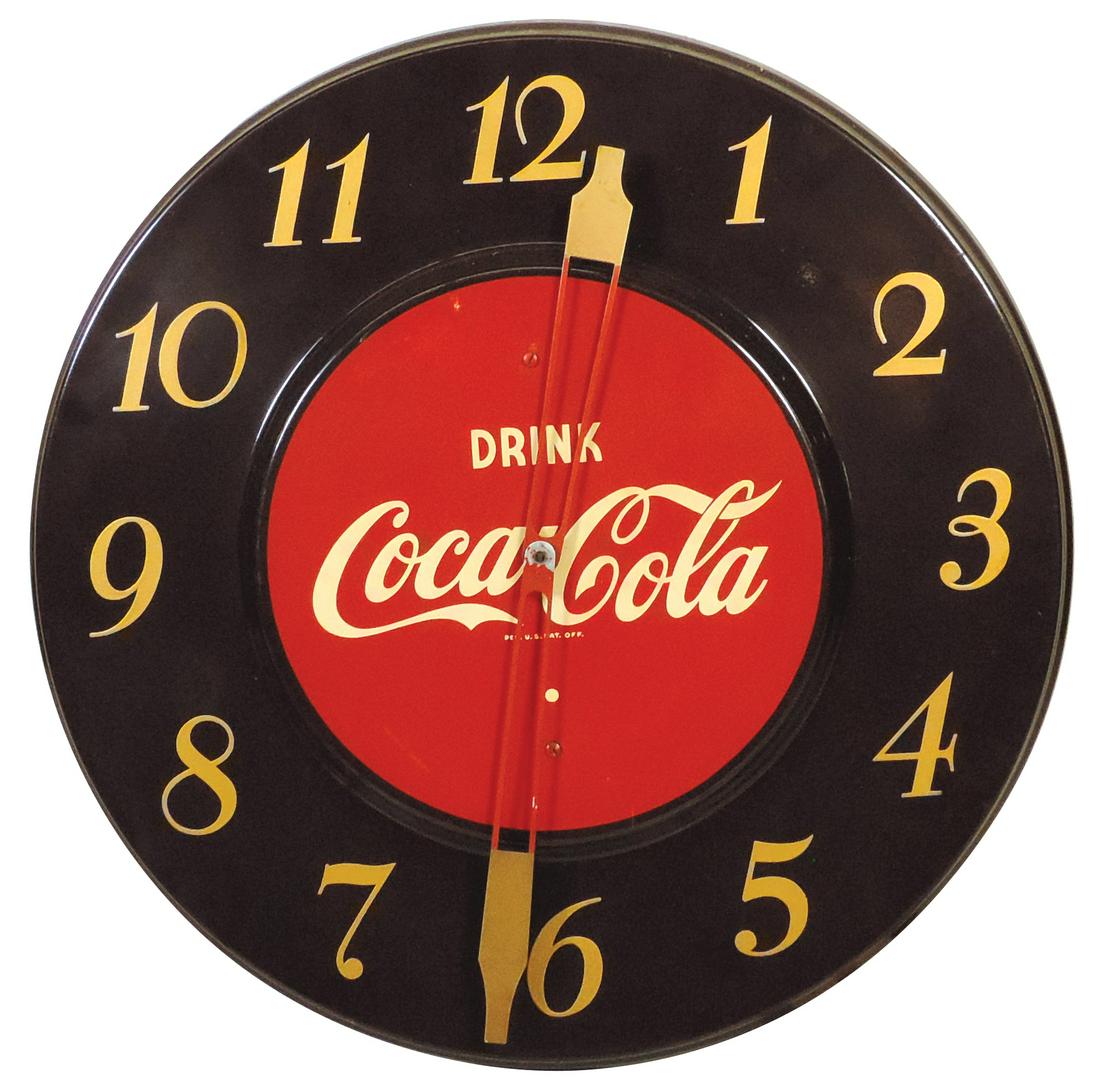 Coca-Cola Clock, pressed steel w/chocolate brown enameled ground, Exc working cond, 18"Dia.: Coca-Cola Clock, pressed steel w/chocolate brown enameled ground, Exc working cond, 18"Dia.