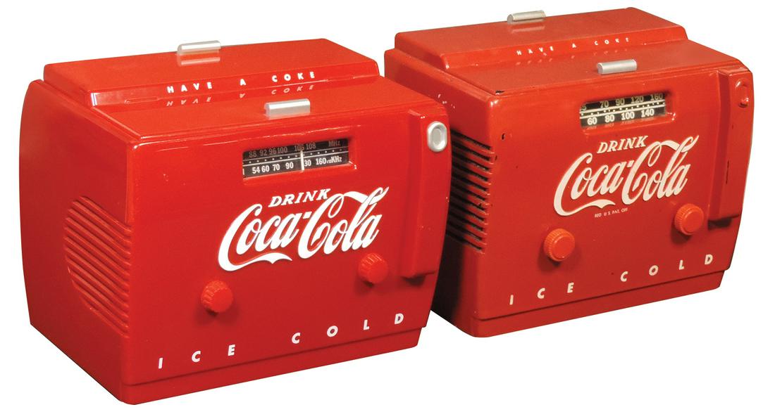 Coca-Cola Radios (2), both chest coolers, vintage by Point of Purchase & later Old-Tyme AM/FM: Coca-Cola Radios (2), both chest coolers, vintage by Point of Purchase & later Old-Tyme AM/FM cassette by Randix, the 1st w/loss to side & not working, 2nd Exc working cond, 10"H x 12"W.