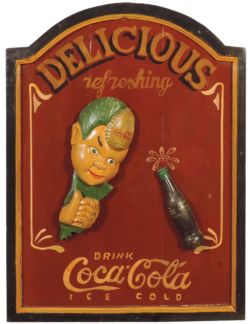 Coca-Coca Tavern Style Sign, hand painted in arched self frame mounted w/carved Sprite Boy,: Coca-Coca Tavern Style Sign, hand painted in arched self frame mounted w/carved Sprite Boy, semi-modern, VG cond, 31"H x 23"W.