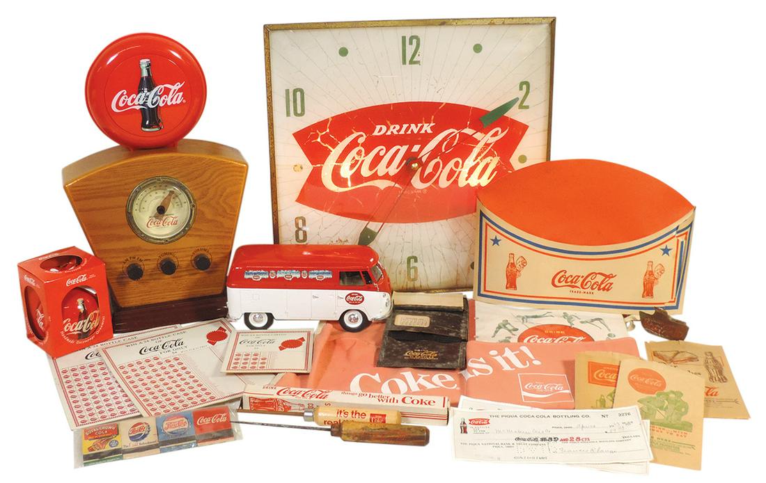 Coca-Cola (16), square fishtail Pam clock (cracked face), retro lighted button radio, Solido: Coca-Cola (16), square fishtail Pam clock (cracked face), retro lighted button radio, Solido Volkswagen toy van, vendor's apron, paper cap, punch cards, blotters & other items, Good to Exc cond w/cloc