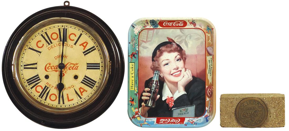 Coca-Cola (3), 1950 serving tray, 8-day wall clock w/later face & bronze sidewalk marker, VG cond: Coca-Cola (3), 1950 serving tray, 8-day wall clock w/later face & bronze sidewalk marker, VG cond (clock not working), largest 14"Dia.