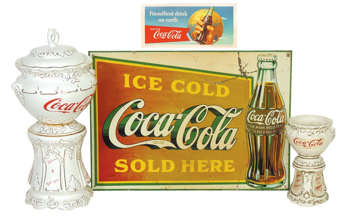 Coca-Cola (3), 2000 Edition ceramic covered urn, miniature 75th Anniversary urn (lid absent) & 1988: Coca-Cola (3), 2000 Edition ceramic covered urn, miniature 75th Anniversary urn pencil holder & 1988 litho on tin sign, sign Fair cond, others Exc cond, largest 14.5"H.