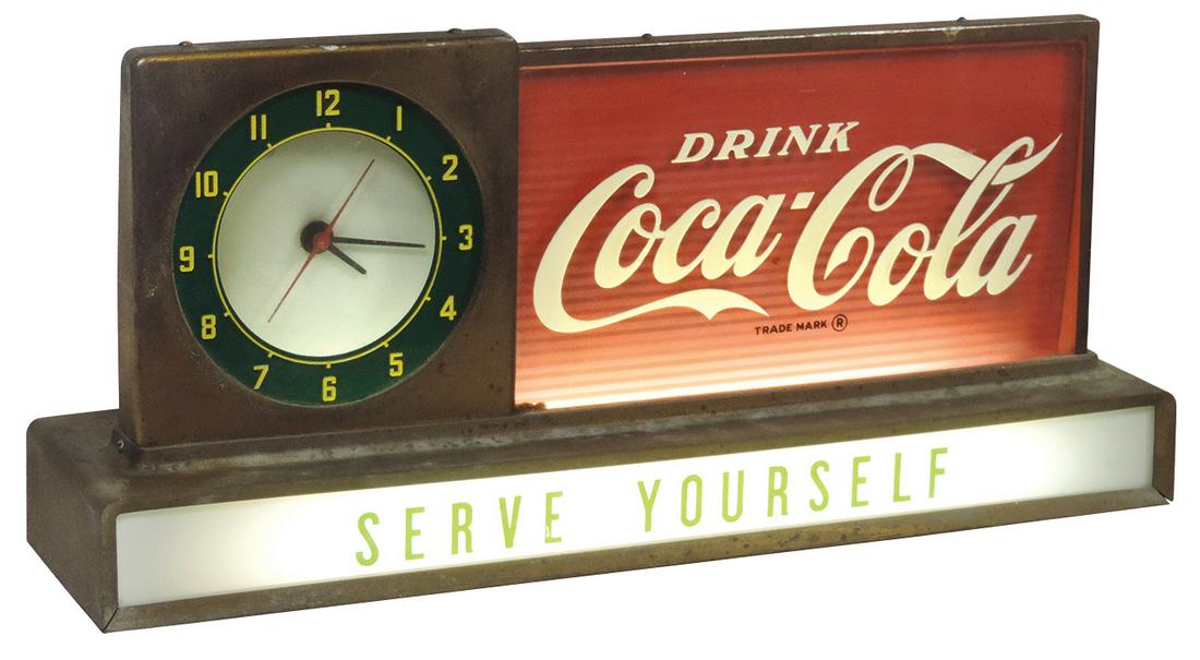 Coca-Cola Lighted Shelf Clock, reverse painted glass & metal, Good+ working cond w/color fade &: Coca-Cola Lighted Shelf Clock, reverse painted glass & metal, Good+ working cond w/color fade & signs of age, 9"H x 19.75"W x 5"D.