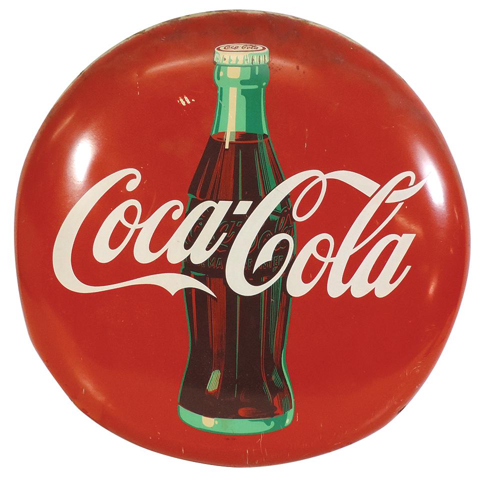 Coca-Cola Button Sign, porcelain w/bottle graphic, stamped AM124, Good+ cond w/scattered wear &: Coca-Cola Button Sign, porcelain w/bottle graphic, stamped AM124, Good+ cond w/scattered wear & light oxidation, 24"Dia.