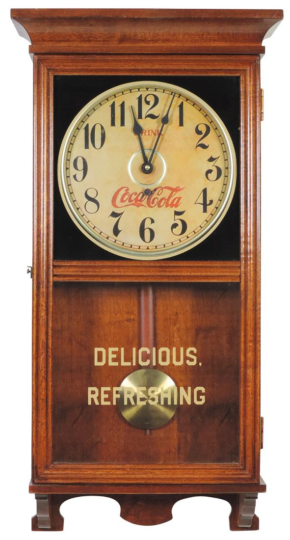 Coca-Cola Clock, regulator style w/quartz movement, contemporary, Exc working cond, 26"H x 12"W.: Coca-Cola Clock, regulator style w/quartz movement, contemporary, Exc working cond, 26"H x 12"W.
