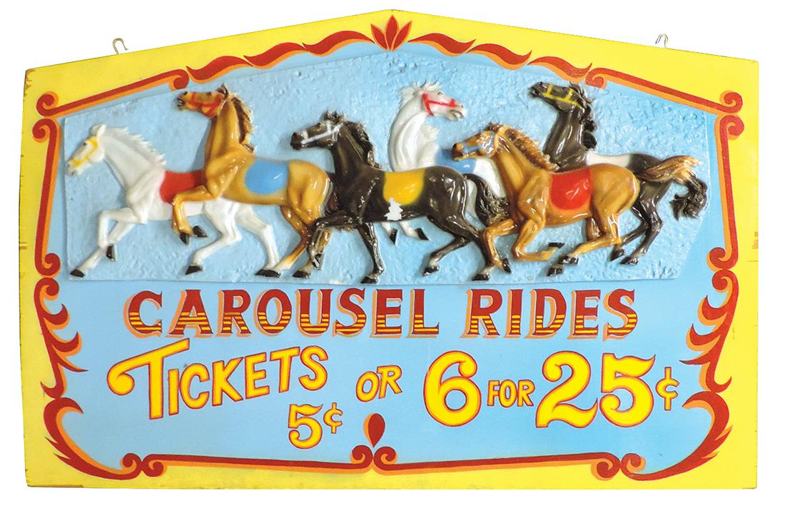 Carousel Ride Marquee, painted wood w/cast plastic plaque of running horses, contemporary, VG+ cond: Carousel Ride Marquee, painted wood w/cast plastic plaque of running horses, contemporary, VG+ cond w/some paint loss, 35"H x 51"W.