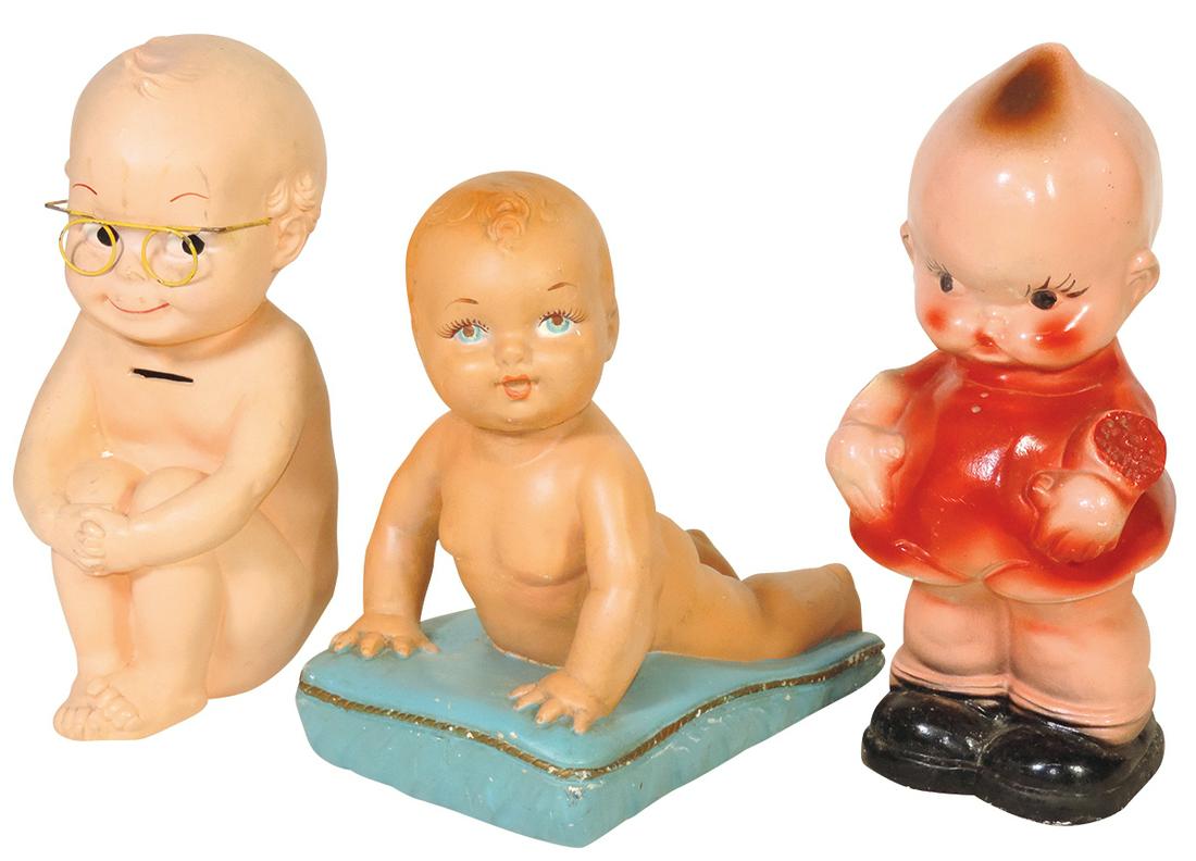 Carnival Chalkware Figures (3), 2 Kewpie banks (1 sitting w/glasses, 1 standing) & drug store: Carnival Chalkware Figures (3), 2 Kewpie banks (1 sitting w/glasses, 1 standing) & drug store display figure of baby on pillow, VG cond w/wear, largest 11.5"H.