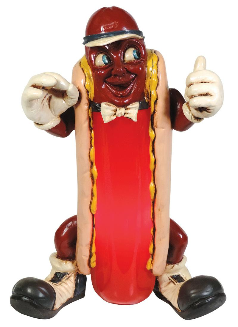 Carnival or Restaurant Display, lighted hot dog vendor, cast composition & hand painted w/convex red: Carnival or Restaurant Display, lighted hot dog vendor, cast composition & hand painted w/convex red acrylic panel, Exc working cond, 18.5"H.