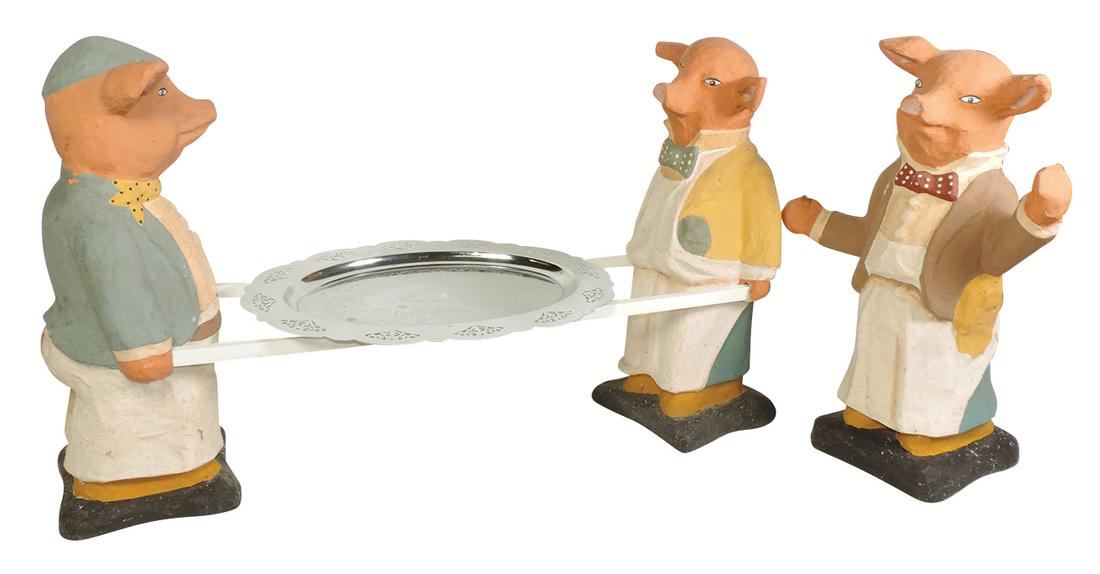 Restaurant Display, Three Little Pigs polychrome papier mache w/2 figures supporting silverplate: Restaurant Display, Three Little Pigs polychrome papier mache w/2 figures supporting silverplate tray, VG+ cond, 22.5"H x 36"W as illustrated.