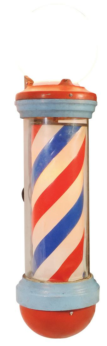 Barber Shop Pole, William Marvy wall mount electric Mod. 88 w/lighted globe, Good+ cond w/later: Barber Shop Pole, William Marvy wall mount electric Mod. 88 w/lighted globe, Good+ cond w/later paint, lights, motor not working, candy stripe cylinder w/heat distortion, 38"H x 10"W x 12"D.