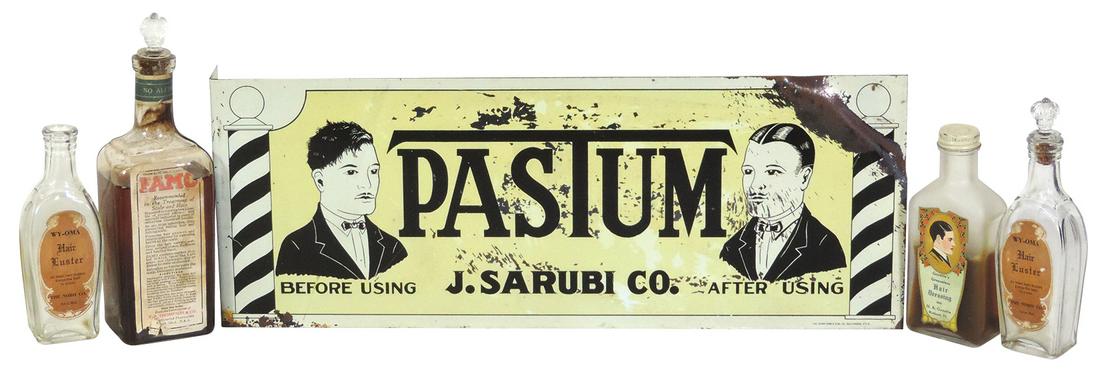 Barber Shop Sign & Bottles (5), Pastum litho on tin flange hair tonic sign & 4 assorted hair tonic: Barber Shop Sign & Bottles (5), Pastum litho on tin flange hair tonic sign & 4 assorted hair tonic bottles w/paper labels, sign Fair cond w/bend & losses, bottles VG to Exc cond, largest 7"H x 18.5"W.