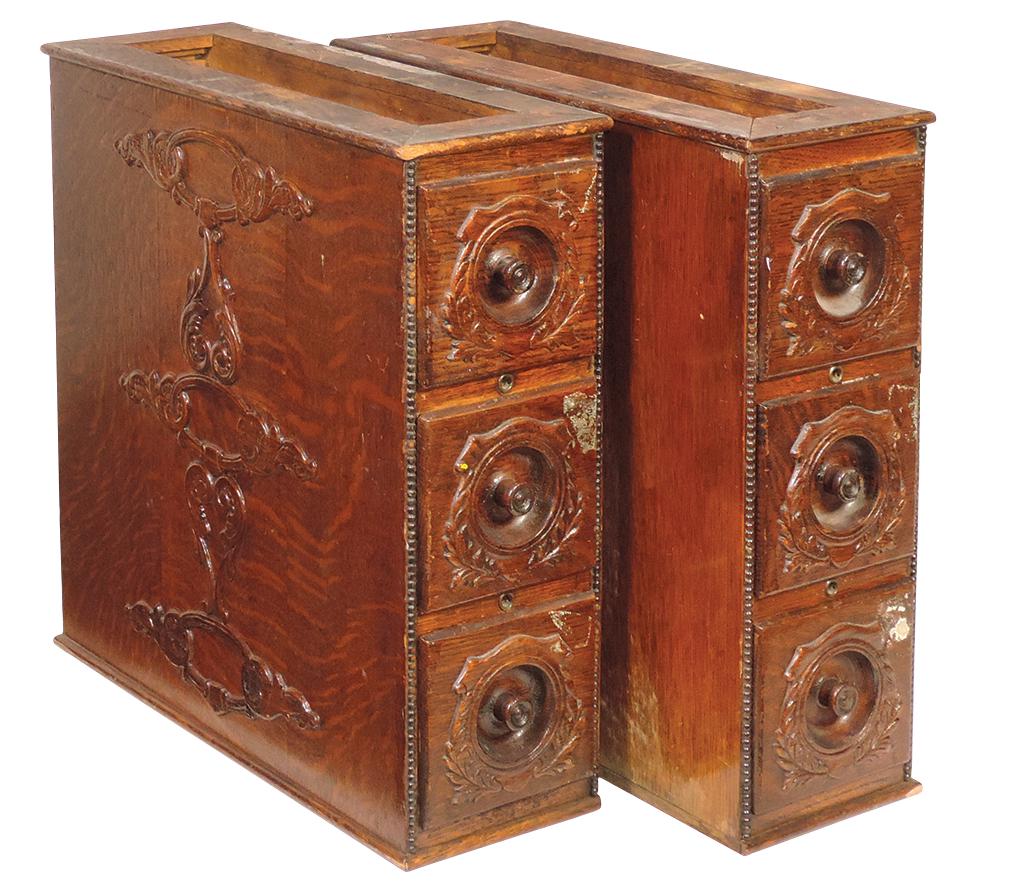 Sewing Machine Box Drawer Cabinets (2), oak w/applied carvings, each w/3 drawers, VG orig finish,: Sewing Machine Box Drawer Cabinets (2), oak w/applied carvings, each w/3 drawers, VG orig finish, 15"H x 5.5"W x 15"D.