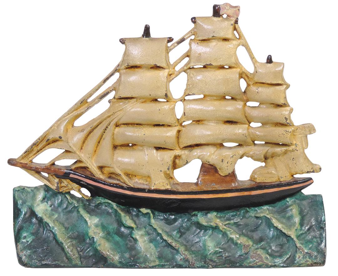 Doorstop, Clipper Ship 1925, mfgd by Greenblatt Studios, embossed maker's name & date on verso,: Doorstop, Clipper Ship 1925, mfgd by Greenblatt Studios, embossed maker's name & date on verso, polychrome cast iron, Exc+ cond w/orig paint, 12.5"W x 10"H.
