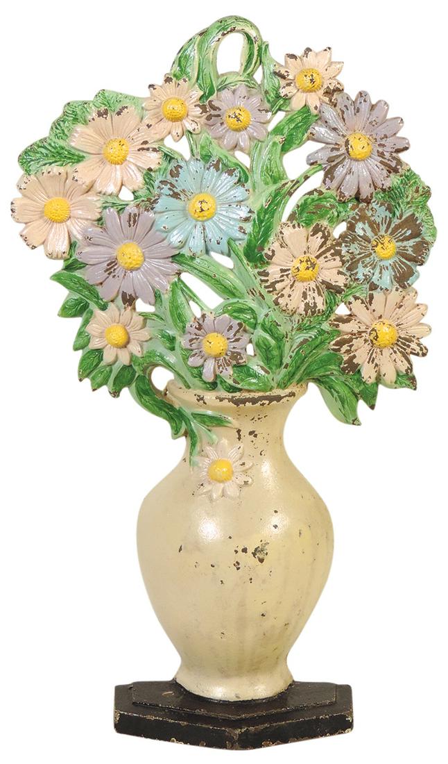 Doorstop, Cosmos In Vase, mfgd by Hubley, cast iron w/polychrome finish, VG cond w/paint wear,: Doorstop, Cosmos In Vase, mfgd by Hubley, cast iron w/polychrome finish, VG cond w/paint wear, 17.75"H.