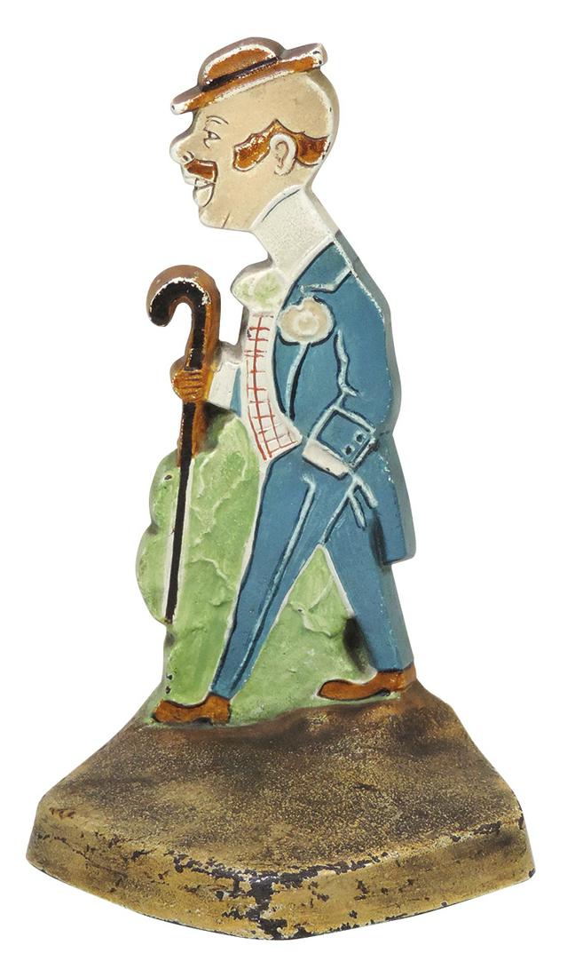 Doorstop, Dapper Dan, mfgd by Judd Co., polychrome flat iron casting w/embossed details, figure in: Doorstop, Dapper Dan, mfgd by Judd Co., polychrome flat iron casting w/embossed details, figure in Exc cond w/rubbed wear to base, 8.75"H.